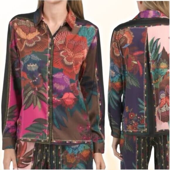 House of Harlow 1960 Tops - HOUSE OF HARLOW Floral Satin Long Sleeve Shirt 1960 Sz XS Fuchsia Multi